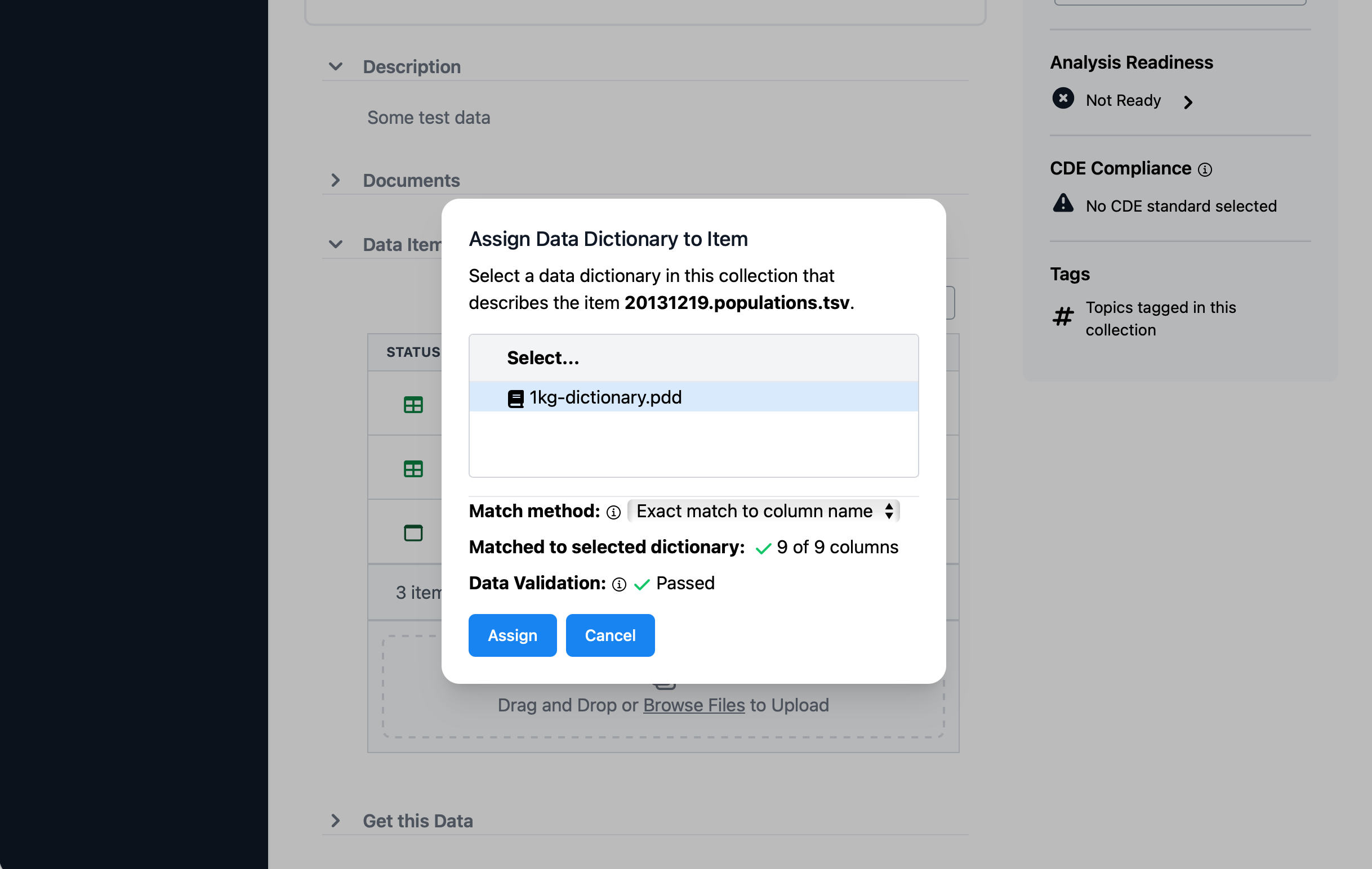 Assign dictionary dialog