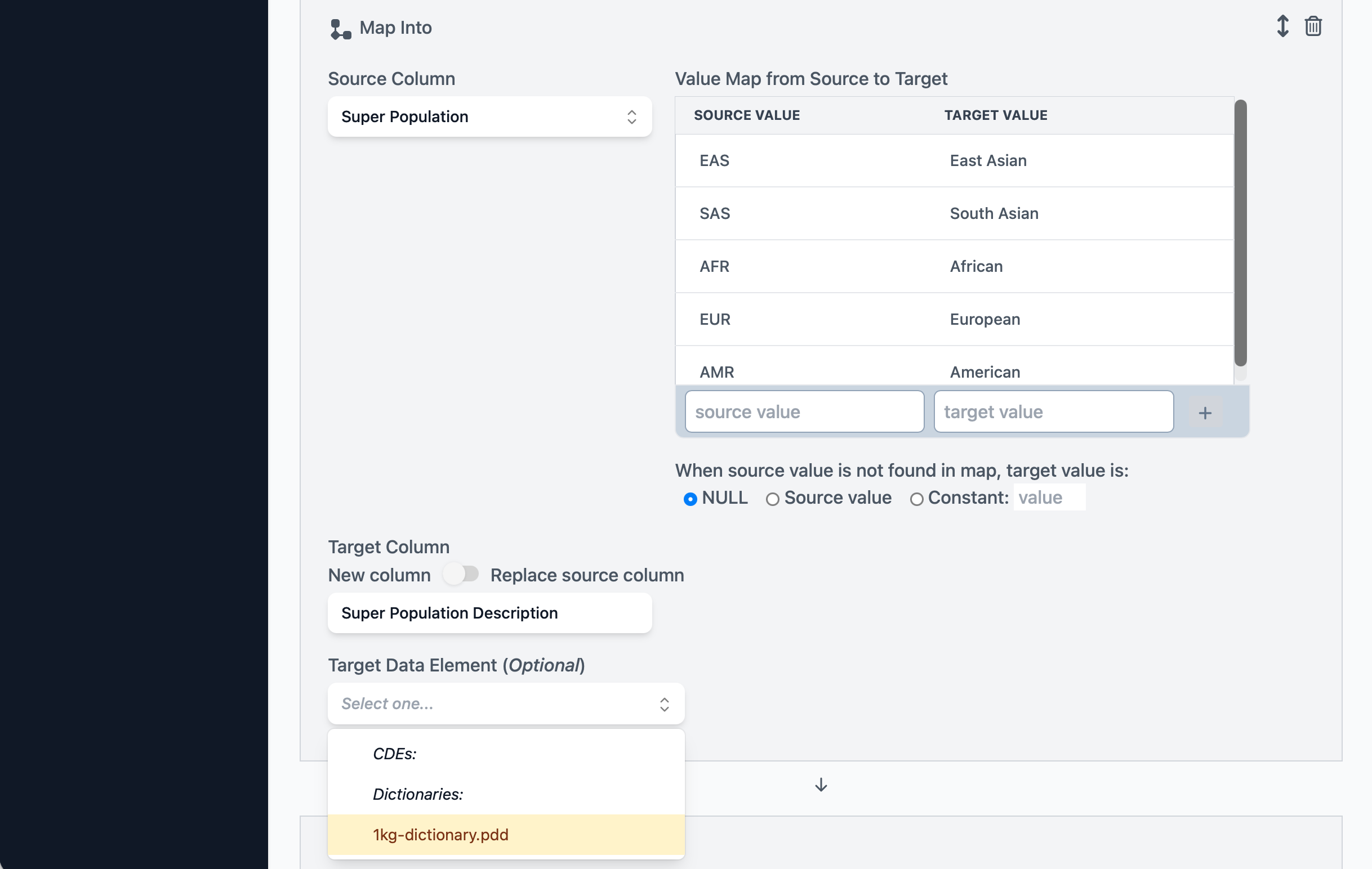 Choose a target data dictionary