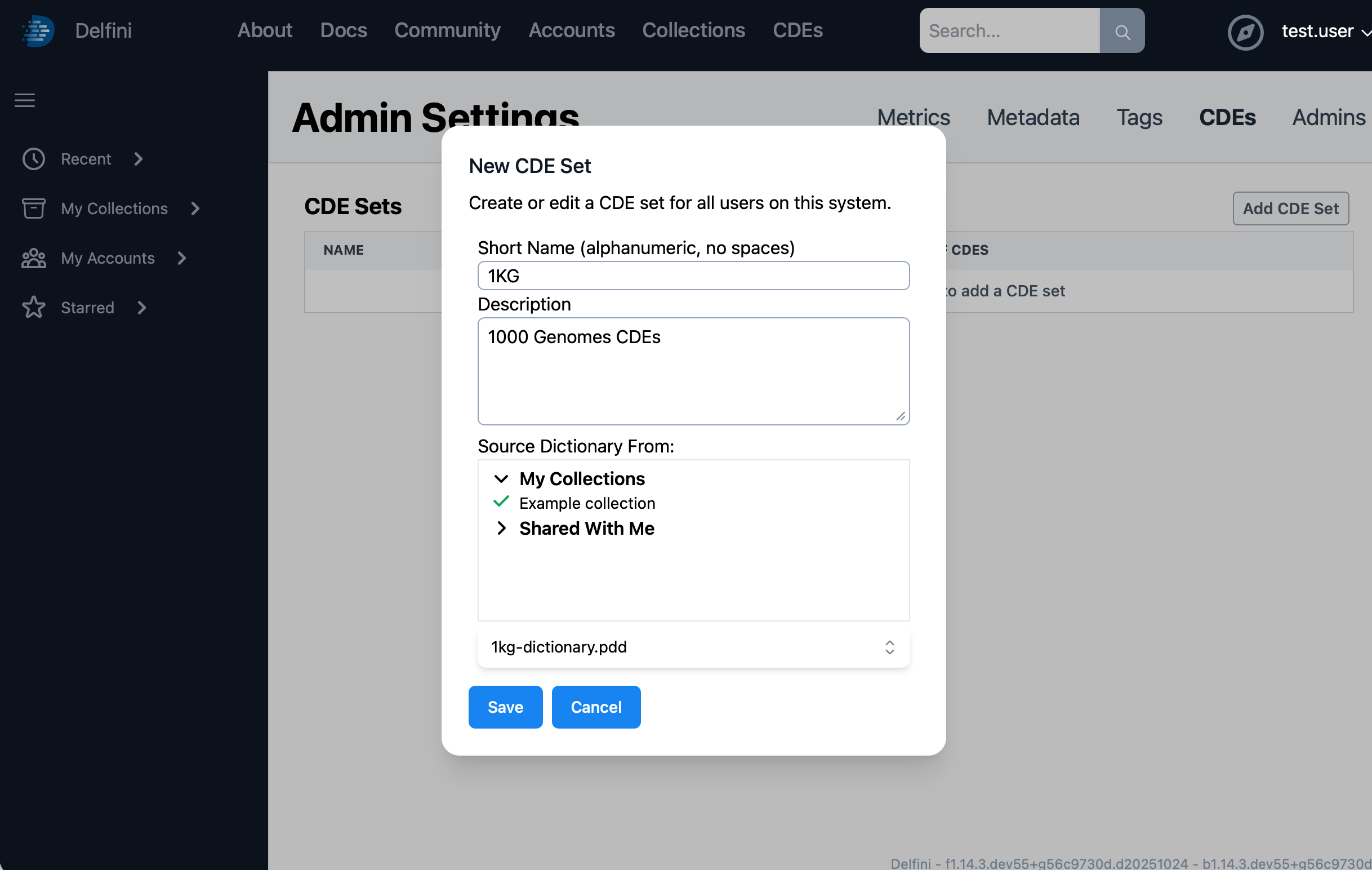 The New CDE Set dialog