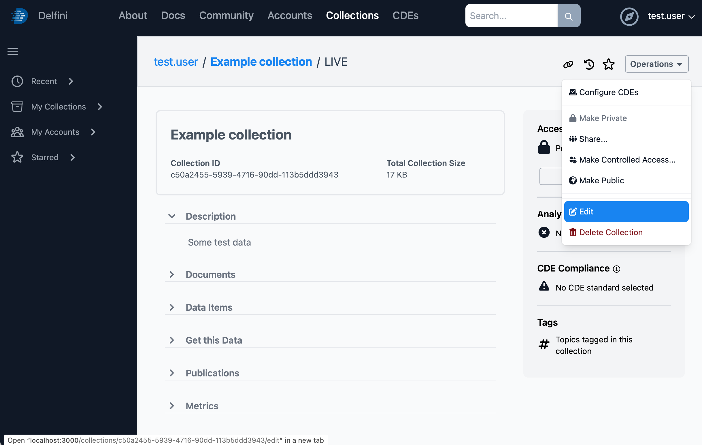 The collection Operations menu