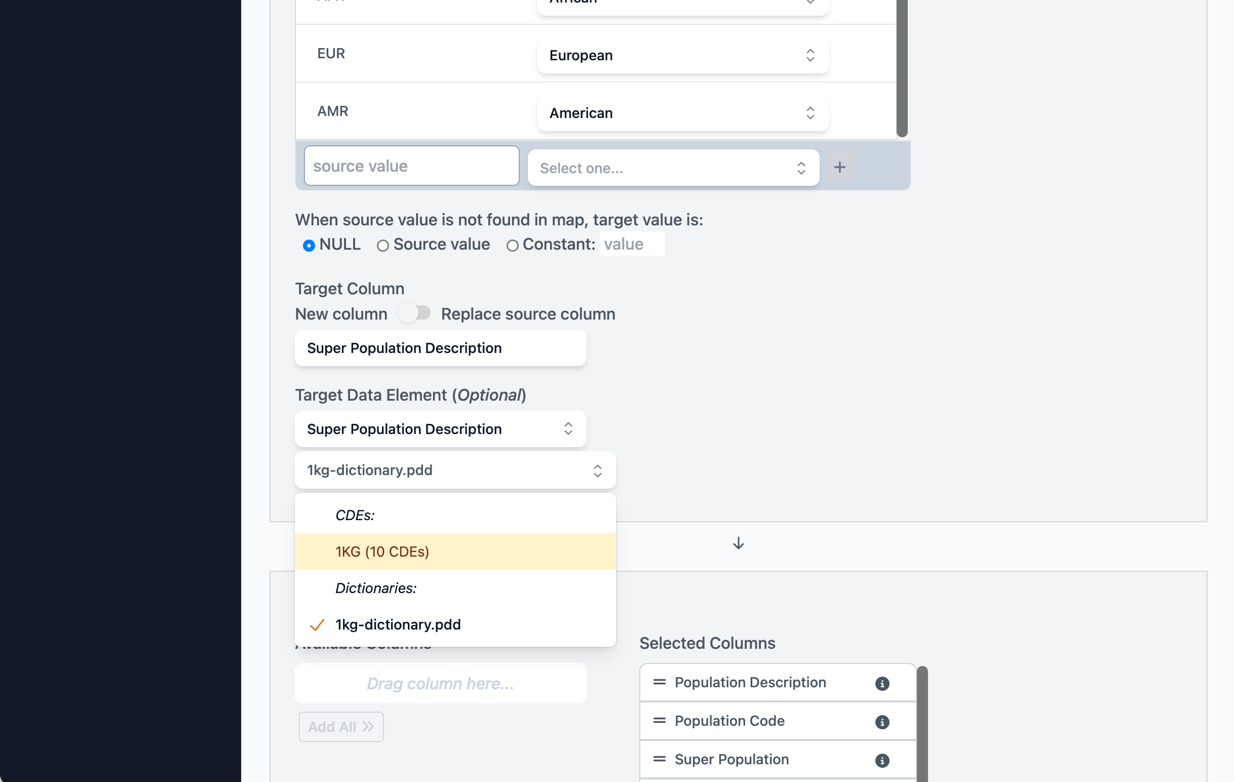 Select the CDE set in Map Into